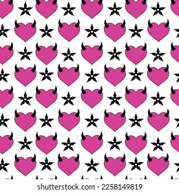 Emo  goth semless patternwith devil heart and shuriken.Y2k wallpaper, fabric, background, print. 90s, 00's heart shaped graphic in glam style