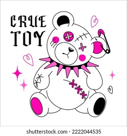 Emo goth y2k 2000s teddy bear toy with slogan Crue toy.Weird gothic 2000s print, black and pink colors.Concept of dangerous love game. Cute scary bear with in pin, seams, patches. Isolated on white.