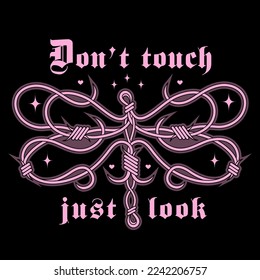 Emo gothic barbed wire dragonfly, weird black and pink concept. Psychedelic Y2k Graphic with goth slogan. Glamor trendy 2000s aesthetic.