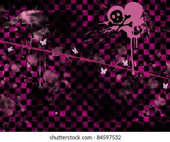 Emo grungy background with skull and crossbones.