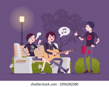 Emo Hanging Out. Young Members Of Subculture Social Group, Depressed Teenagers With Dark Look Wearing Black Clothing, Messy Hair Enjoy Time Together At Street. Vector Flat Style Cartoon Illustration