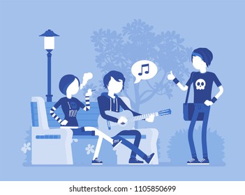 Emo hanging out. Young members of subculture social group, depressed teenagers with dark look wearing black clothing, messy hair enjoy time together at street. Vector illustration, faceless characters