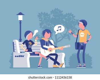 Emo hanging out. Young members of subculture social group, depressed teenagers with dark look wearing black clothing, messy hair enjoy time together at street. Vector illustration, faceless characters