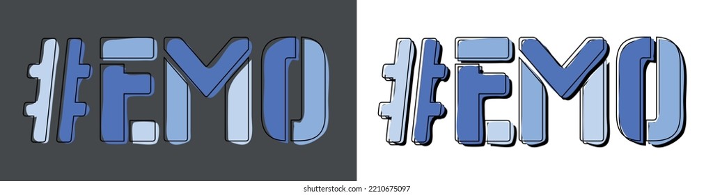 EMO Hashtag. Isolate curves doodle letters. Set 2 in 1. Blue colors. Popular Hashtag #EMO for social network, web resources, mobile apps, games. Stock vector picture.