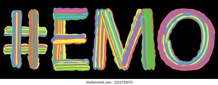 EMO Hashtag. Multicolored bright isolate curves doodle letters like from marker, oil paint. Hashtag #EMO for print, booklet, t-shirt, social network, typography, mobile app. Stock vector