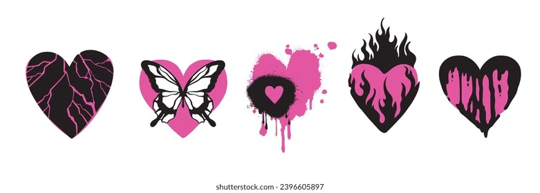 Emo heart tattoo set, vector flame gothic love sticker, y2k Valentine’s Day trendy print, butterfly. Cracked broken shape, girly flat icon, romantic flames silhouette, graffiti drip. Emo heart clipart