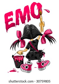 emo kid girl drawing on the wall - vector illustration