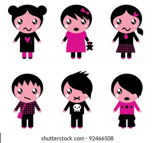 Emo kids cute collection isolated on white