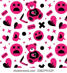 Emo pattern. Vector illustration with hearts, stars, eyes, teddy and psychedelic acid elements. Old 90s and 00s style