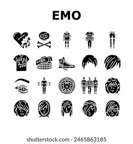 emo punk rock tattoo cute icons set vector. fire sticker, goth gothic, skull music, girl grafitti, love scribble star emo punk rock tattoo cute glyph pictogram Illustrations