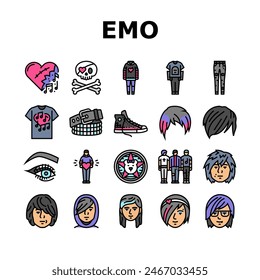 emo punk rock tattoo cute icons set vector. fire sticker, goth gothic, skull music, girl grafitti, love scribble star emo punk rock tattoo cute color line illustrations