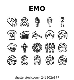 emo punk rock tattoo cute icons set vector. fire sticker, goth gothic, skull music, girl grafitti, love scribble star emo punk rock tattoo cute black contour illustrations