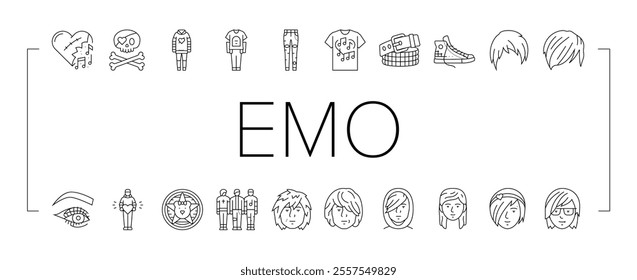 emo punk rock tattoo cute icons set vector. fire sticker, goth gothic, skull music, girl grafitti, love scribble star emo punk rock tattoo cute black contour illustrations