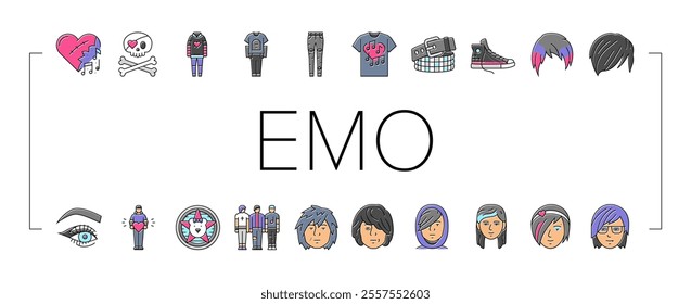 emo punk rock tattoo cute icons set vector. fire sticker, goth gothic, skull music, girl grafitti, love scribble star emo punk rock tattoo cute color line illustrations