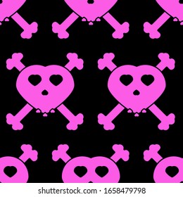 Emo seamless pattern pink skull hearts on black background rock style culture print texture vector
