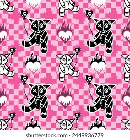 Emo seamless pattern with tartan background and cat toy.