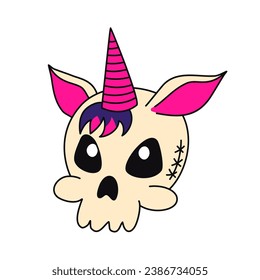 Emo skeleton of unicorn skull. Y2k style. Black subculture. Vector flat illustration isolated on white background.