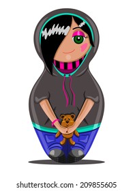 Emo teen girl made in the style of Russian dolls. Isolated vector woman on a white background. Series subculture