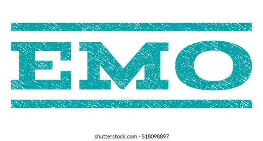 Emo watermark stamp. Text tag between horizontal parallel lines with grunge design style. Rubber seal stamp with unclean texture. Vector cyan color ink imprint on a white background.