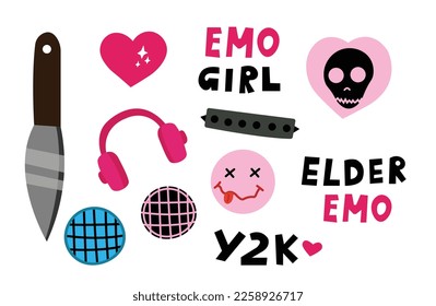 Emo y2k girl stickers set pink color. Elder emo, goth, earphones, heart, skull.