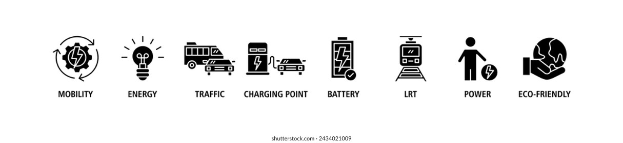 E-mobility banner web icon set vector illustration concept with icon of mobility, energy, traffic, charging point, battery, lrt, power and eco-friendly
