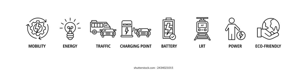 E-mobility banner web icon set vector illustration concept with icon of mobility, energy, traffic, charging point, battery, lrt, power and eco-friendly