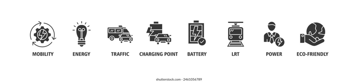 E-mobility banner web icon set vector illustration concept with icon of mobility, energy, traffic, charging point, battery, lrt, power and eco-friendly