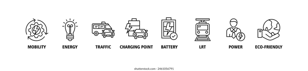 E-mobility banner web icon set vector illustration concept with icon of mobility, energy, traffic, charging point, battery, lrt, power and eco-friendly