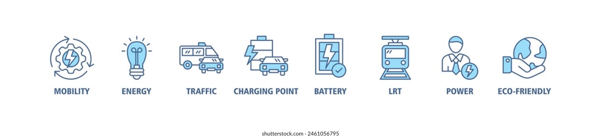 E-mobility banner web icon set vector illustration concept with icon of mobility, energy, traffic, charging point, battery, lrt, power and eco-friendly