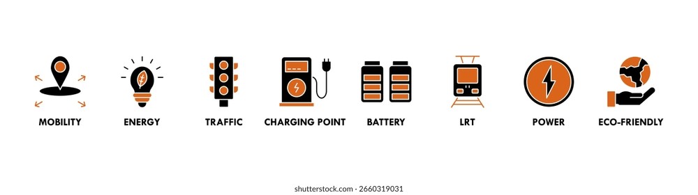 Ilustração vetorial do ícone da web do banner da mobilidade eletrônica com o ícone da mobilidade, energia, tráfego, ponto de carregamento, bateria, LRT, energia e eco-friendly
