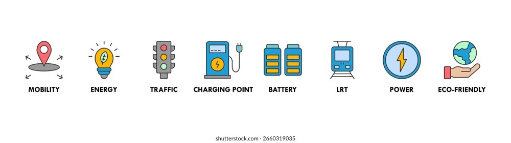 E-mobility banner web icon vector illustration concept with icon of mobility, energy, traffic, charging point, battery, LRT, power and eco-friendly