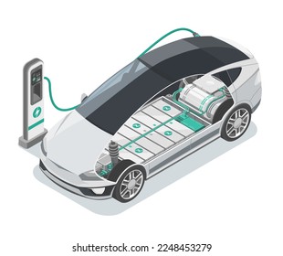 E-mobility EV Electric Car stop at Charging Station Ecology cut inside show Battery Concept isometric isolated vector svg