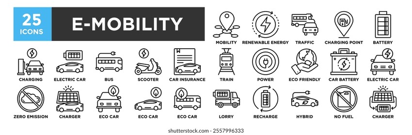 E-Mobility icon collection set. Containing design, Mobility, Renewable Energy, Traffic, Charging Point, Battery