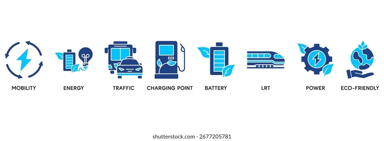 E-mobility icon set in Blue style Flat vector illustration concept relate to mobility, energy, traffic, charging point, battery, lrt, power and eco-friendly
