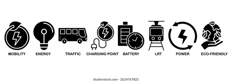 E-mobility icon set vector illustration concept with icon of mobility, energy, traffic, charging point, battery, lrt, power and eco-friendly