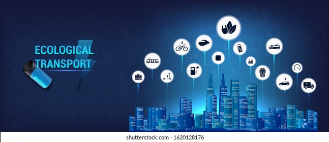 E-mobility icons, Completely ecological city. Ecological city and public transport. The concept of an electric vehicle and individual transportation alternatives, e-bike, scooter, car sharing, e-car