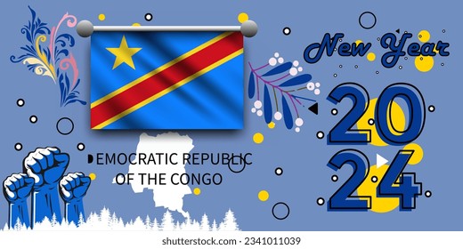 emocratic republic of the congo flag and map fist raised. National Day or Independence Day created for emocratic republic of the congo celebration.happy new year 2024.new year 2024.Modern vintage desi