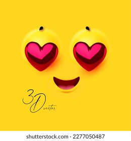 Emoji. 3D emational face on yellow background. Love, heart and romantic