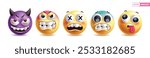 Emoji 3d emoticon character vector set. Emojis facial expression character collection in angry, mad, shock, bad mood, naughty, annoyed and evil face icon elements. Vector illustration round emoticon 