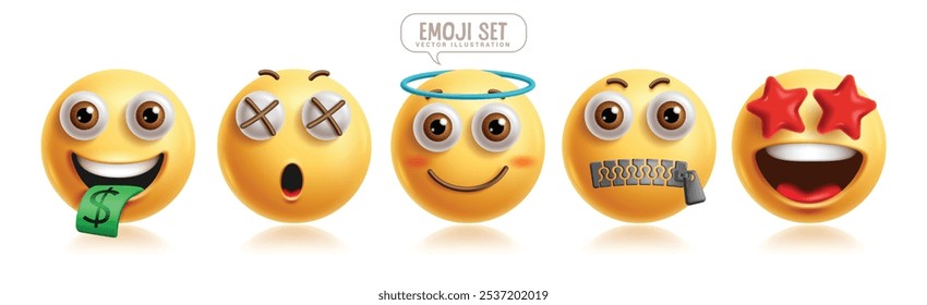 Emoji 3d emoticon juego de Vectores de personajes. Emoticon emojis expresión facial en caras ricas, asombradas, sorprendentes, ángeles, silenciosas e inspiradas y sentimiento para la colección de Elementos gráficos. Emoji de Ilustración vectorial