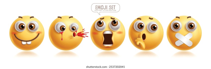 Emoji 3d emoticon conjunto de vetor de caracteres. Emoticons expressão facial em feliz, envergonhado, chocado, envergonhado, embaraçado, calmo, estranho e silencioso rostos para a coleção de elementos gráficos. Emojis de ilustração vetorial 