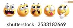 Emoji 3d emoticon characters vector set. Emoticons shock, curious, sad, naughty and cute emojis character collection in white background. Vector illustration yellow emoticons emotion set.
