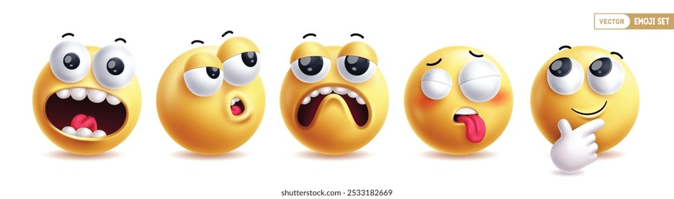 Emoji 3d emoticon characters vector set. Emoticons shock, curious, sad, naughty and cute emojis character collection in white background. Vector illustration yellow emoticons emotion set.
