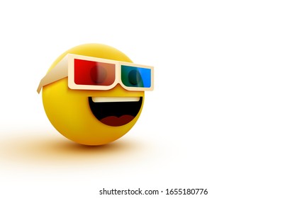 Emoji with 3d glasses, emoticon watching 3d movie, 3d rendering. Vector illustration