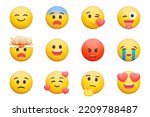 Emoji 3d icon set. Emoticon smile collection. happy, angry, thinks, kiss, explosion, tongue etc. Isolated icons, objects on a transparent background