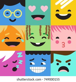 Emoji abstract vector design. Funny monster characters faces.
Smile Kiss Angry Happy Crying emotions