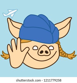 emoji with air hostess pig that is smiling & waving her hand, stewardess wearing a fore-and-aft hat standing in front of a flying plane, simplistic colorful picture, simple handdrawn illustration