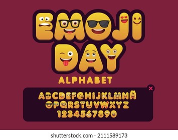 Emoji alphabet smile faces, group of vector characters.
Letter emoji character font, 3D style letters and numbers set