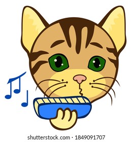 emoji with amateur folk musician playing harmonica using his mouth & lips to blow wind into it, simple cat  emoticon, simplistic facial expression