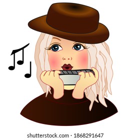 emoji with amateur folk musician playing harmonica using her mouth and lips to blow wind into it, simple woman  emoticon